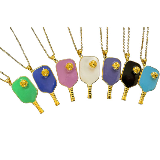 Pickleball Enamel Paddle & Ball Pendant Necklace